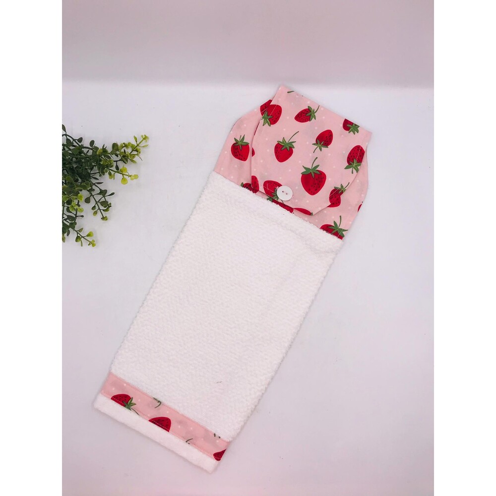 Hanging Kitchen Towel: Strawberries Topper, Button Closure Pink Red White